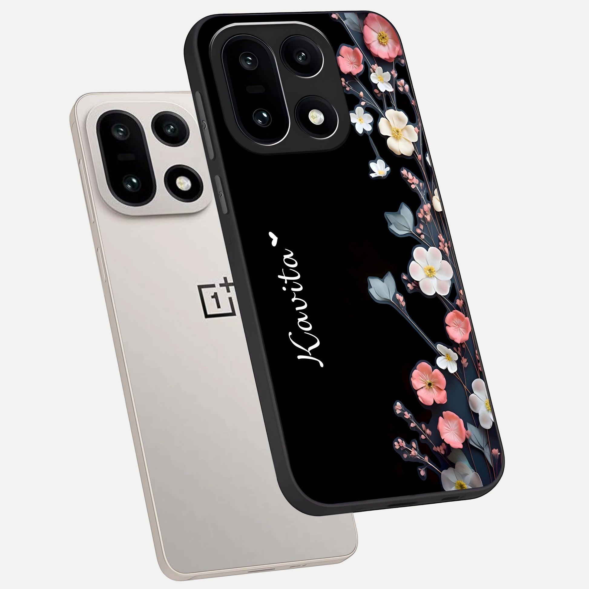  Black Elegance Floral Custom Name phone case For Oneplus 15 showing premium glass back cover with detailed artwork
