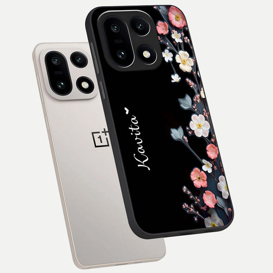  Black Elegance Floral Custom Name phone case For Oneplus 15 showing premium glass back cover with detailed artwork