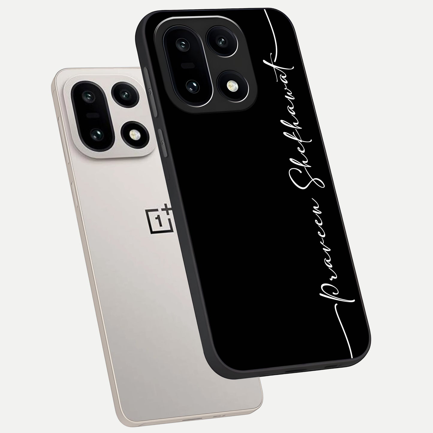  Black Tune Custom Name phone case For Oneplus 15 showing premium glass back cover with detailed artwork