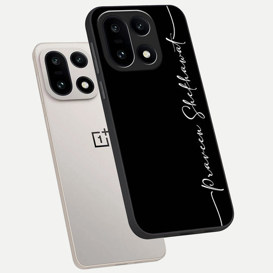  Black Tune Custom Name phone case For Oneplus 15 showing premium glass back cover with detailed artwork