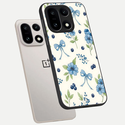  Blue Flower And Bow phone case For Oneplus 15 showing premium glass back cover with detailed artwork