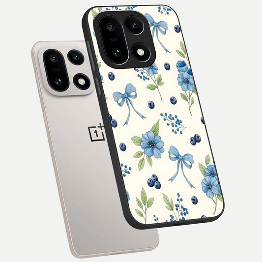  Blue Flower And Bow phone case For Oneplus 15 showing premium glass back cover with detailed artwork