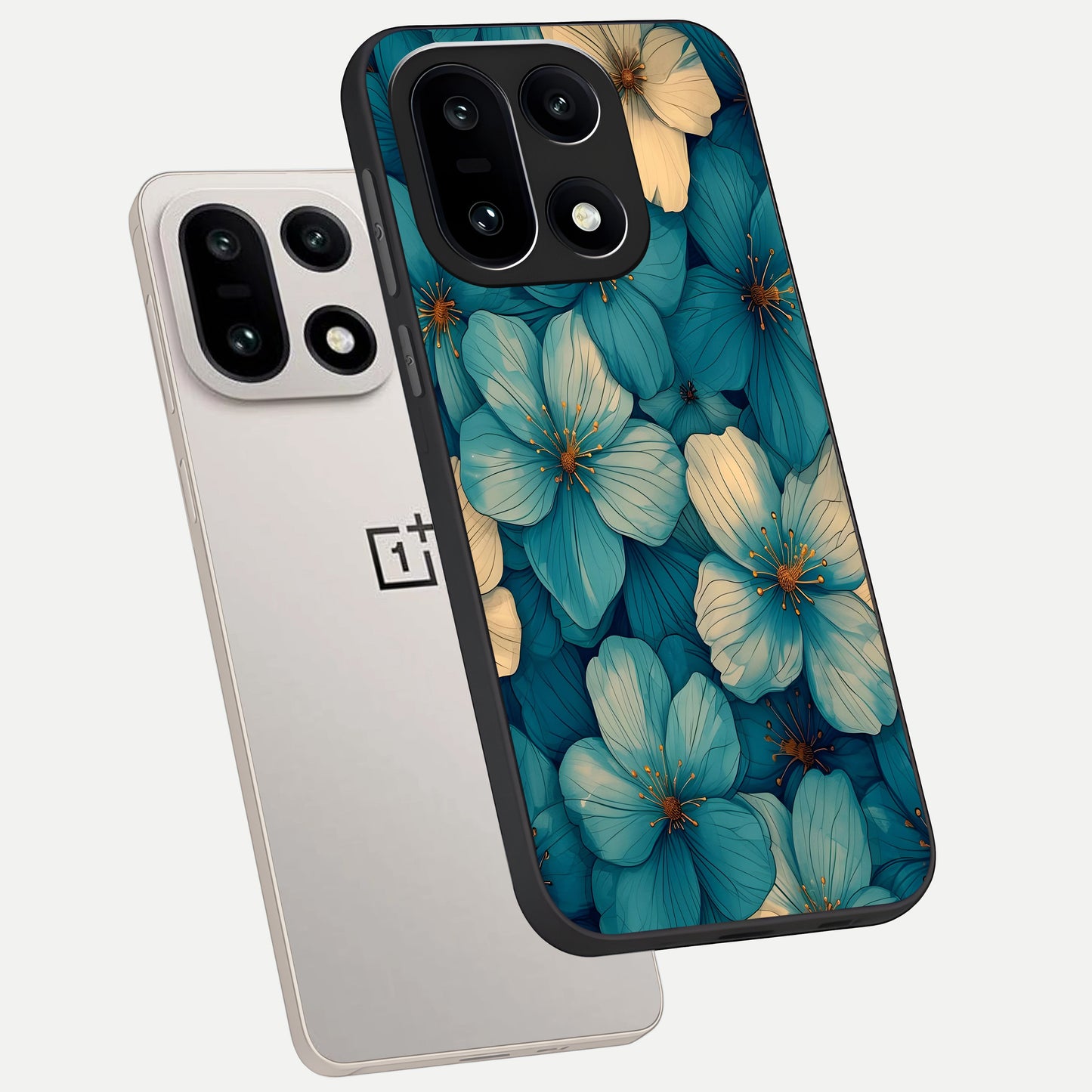  Blue Shade Floral phone case For Oneplus 15 showing premium glass back cover with detailed artwork