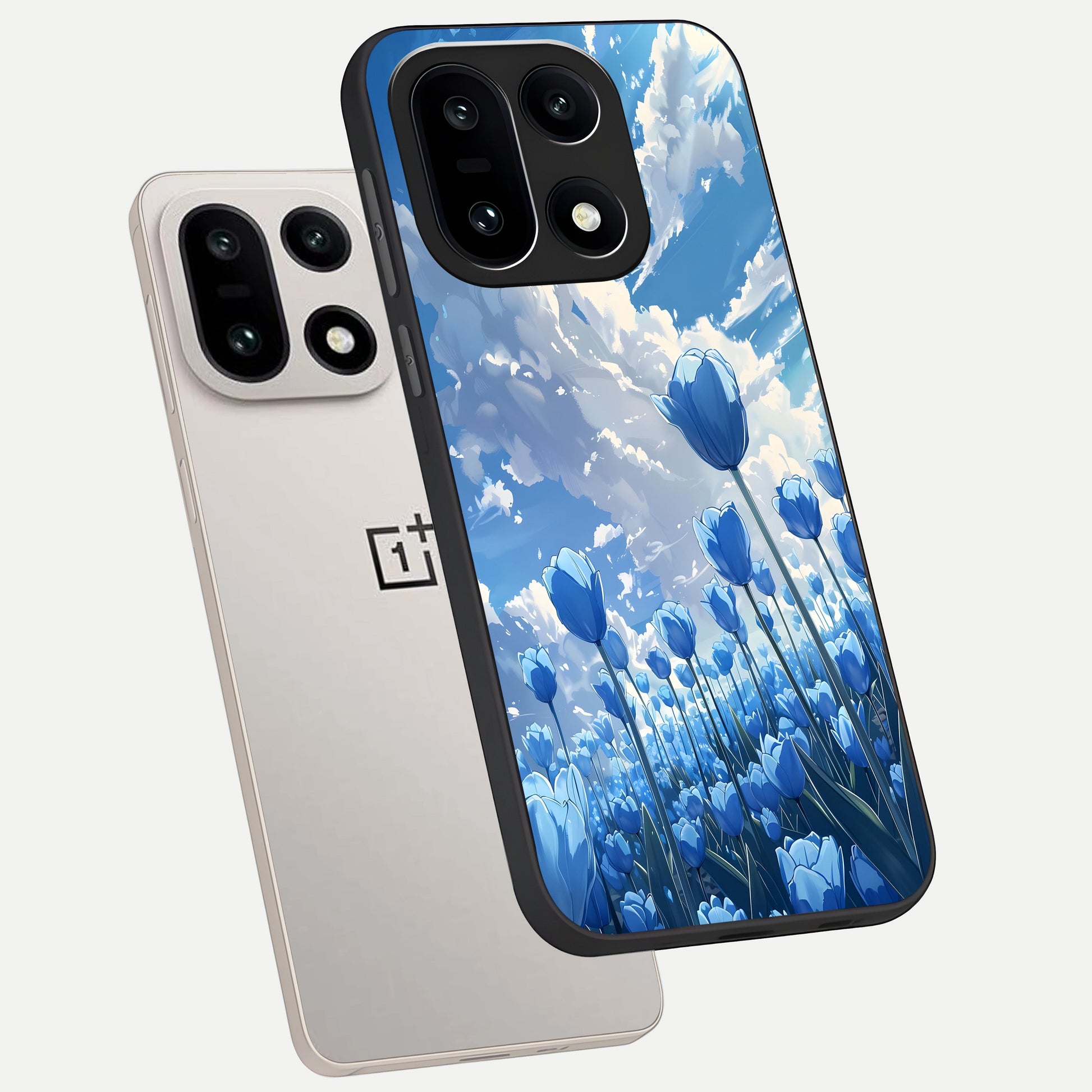  Blue Tulip Clouds phone case For Oneplus 15 showing premium glass back cover with detailed artwork