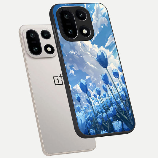  Blue Tulip Clouds phone case For Oneplus 15 showing premium glass back cover with detailed artwork