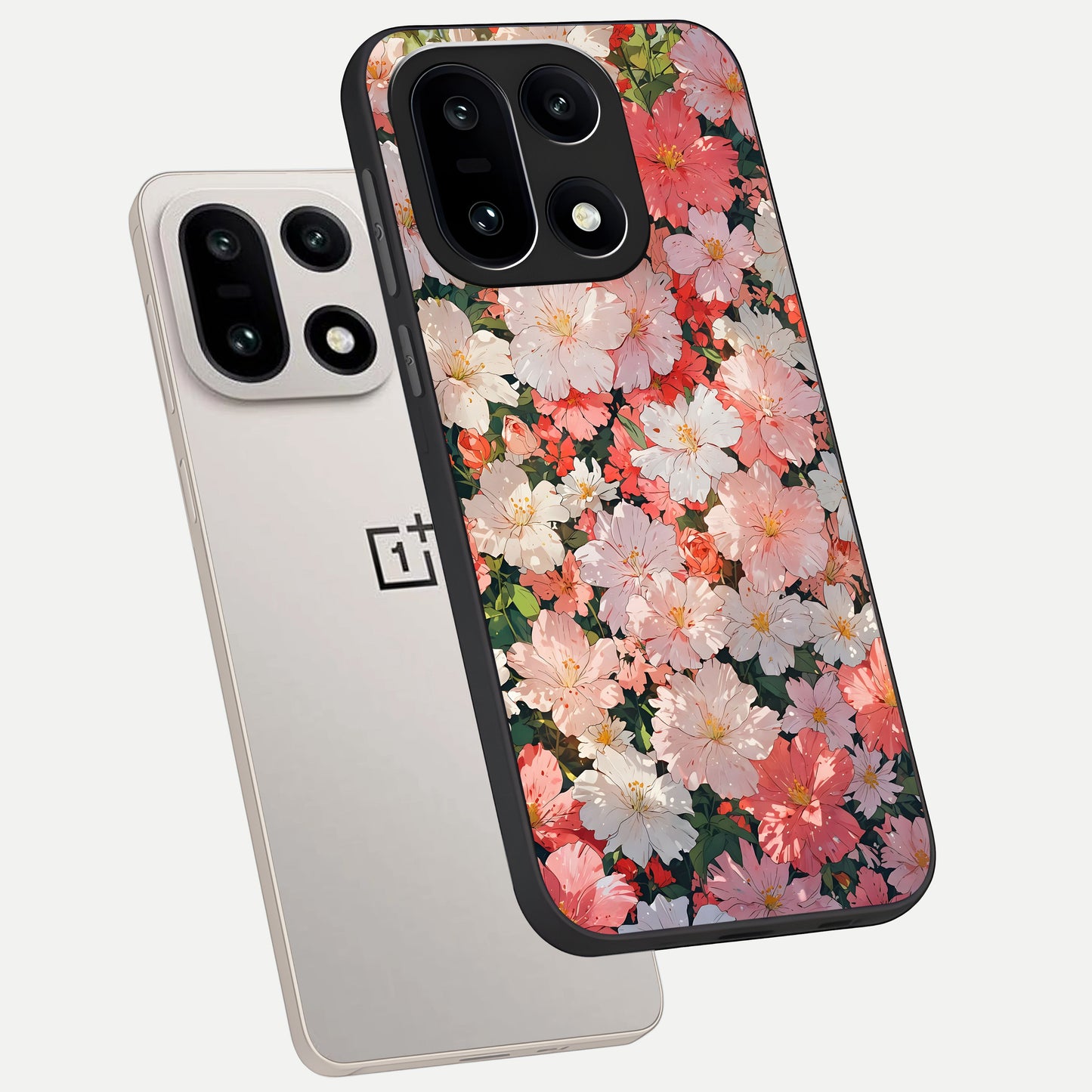 Blush Bloom Field phone case For Oneplus 15 showing premium glass back cover with detailed artwork
