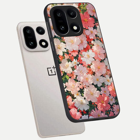  Blush Bloom Field phone case For Oneplus 15 showing premium glass back cover with detailed artwork