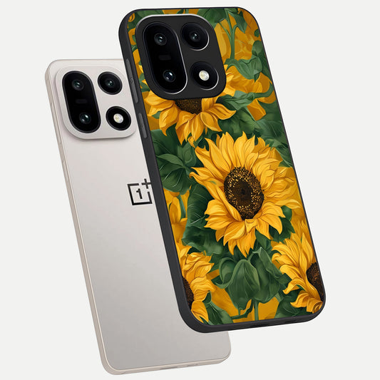  Bright Sunflower Bloom phone case For Oneplus 15 showing premium glass back cover with detailed artwork