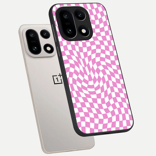  Bubblegum Check Wave phone case For Oneplus 15 showing premium glass back cover with detailed artwork