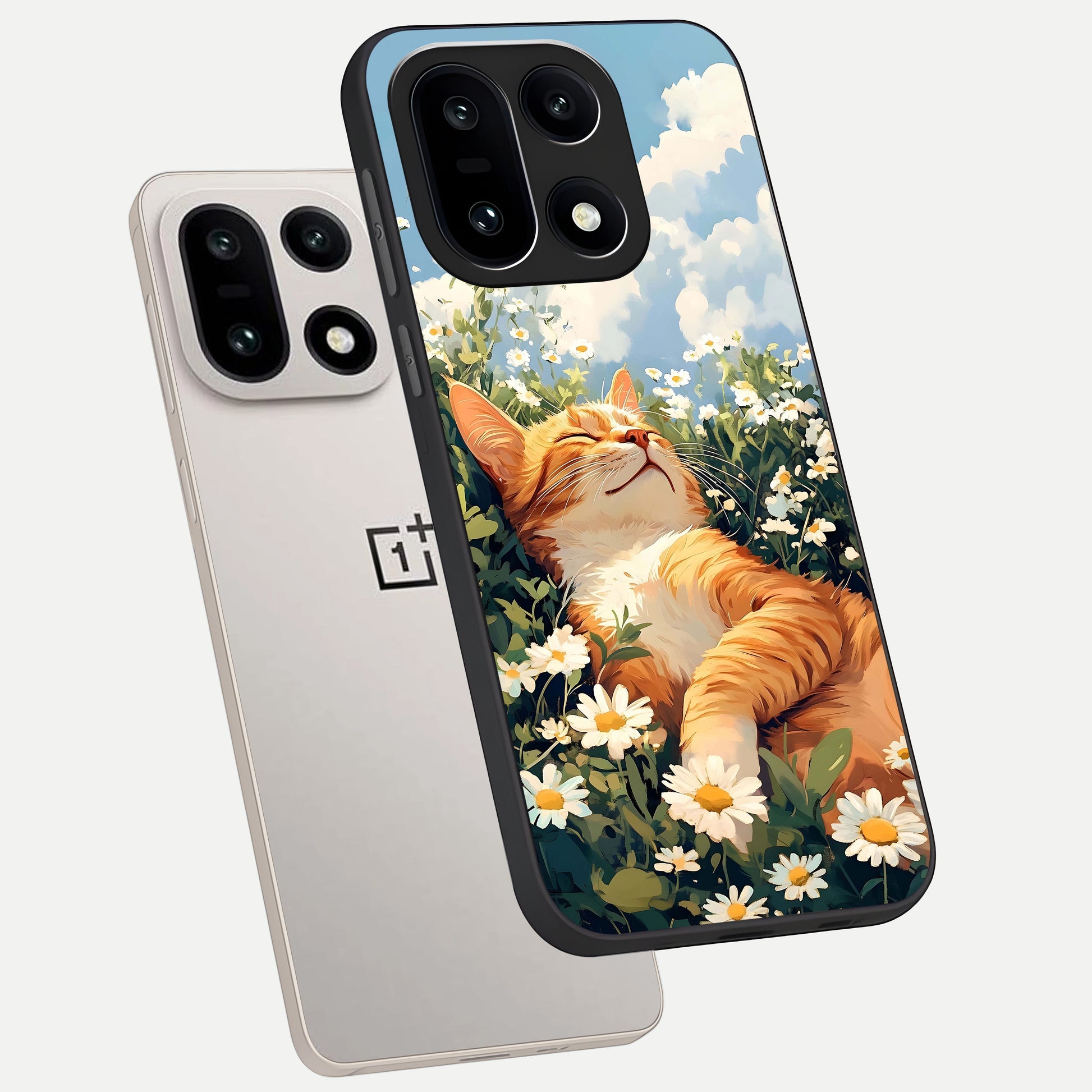  Cat And Flowers View phone case For Oneplus 15 showing premium glass back cover with detailed artwork