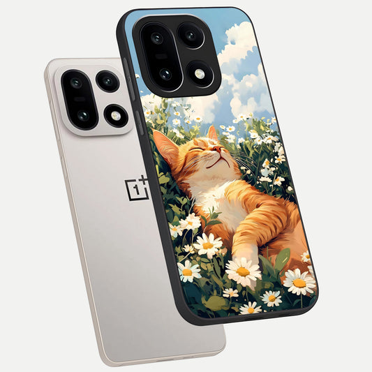  Cat And Flowers View phone case For Oneplus 15 showing premium glass back cover with detailed artwork