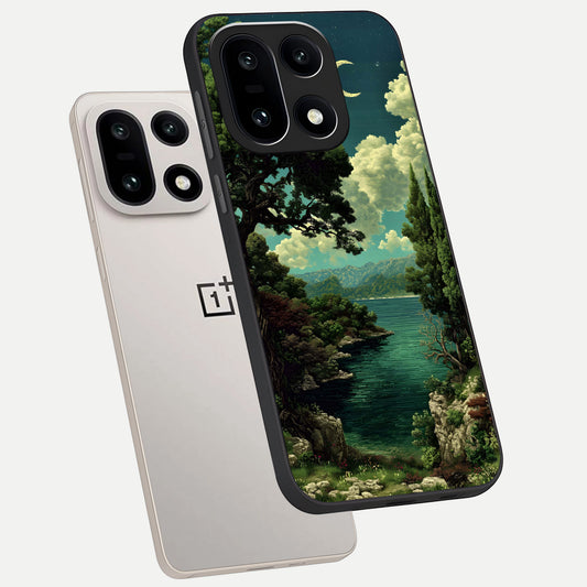  Celestial Lake Peace phone case For Oneplus 15 showing premium glass back cover with detailed artwork