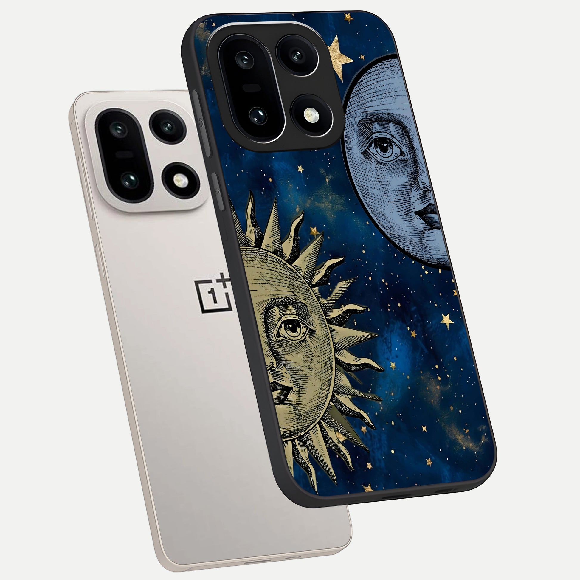  Celestial Moon With Sun phone case For Oneplus 15 showing premium glass back cover with detailed artwork