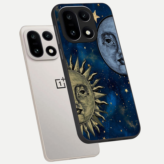  Celestial Moon With Sun phone case For Oneplus 15 showing premium glass back cover with detailed artwork