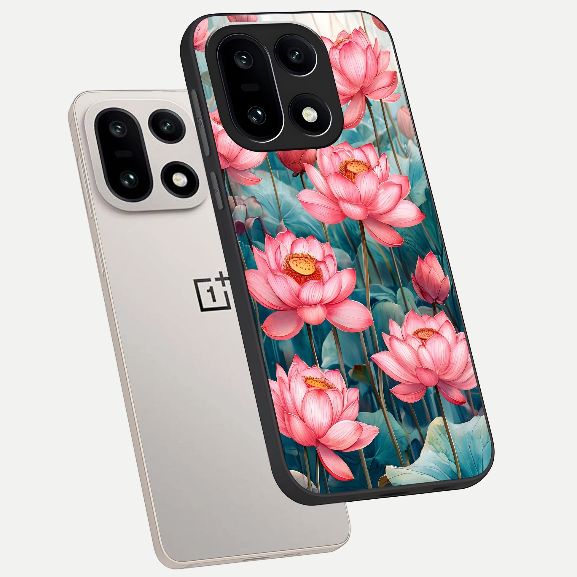  Celestial Pink Lotus phone case For Oneplus 15 showing premium glass back cover with detailed artwork