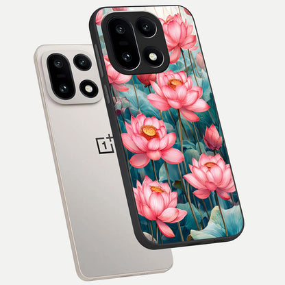  Celestial Pink Lotus phone case For Oneplus 15 showing premium glass back cover with detailed artwork