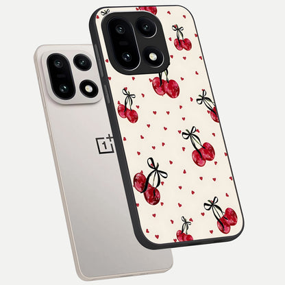  Cherry Heart Bow phone case For Oneplus 15 showing premium glass back cover with detailed artwork