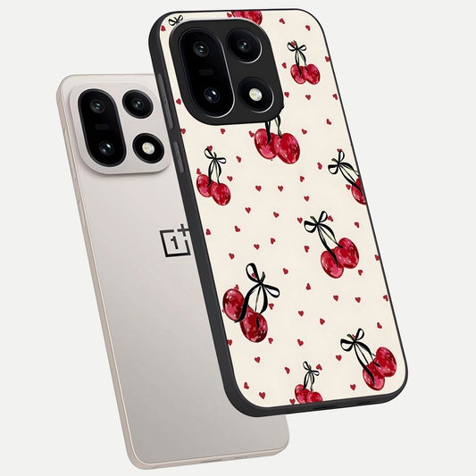  Cherry Heart Bow phone case For Oneplus 15 showing premium glass back cover with detailed artwork