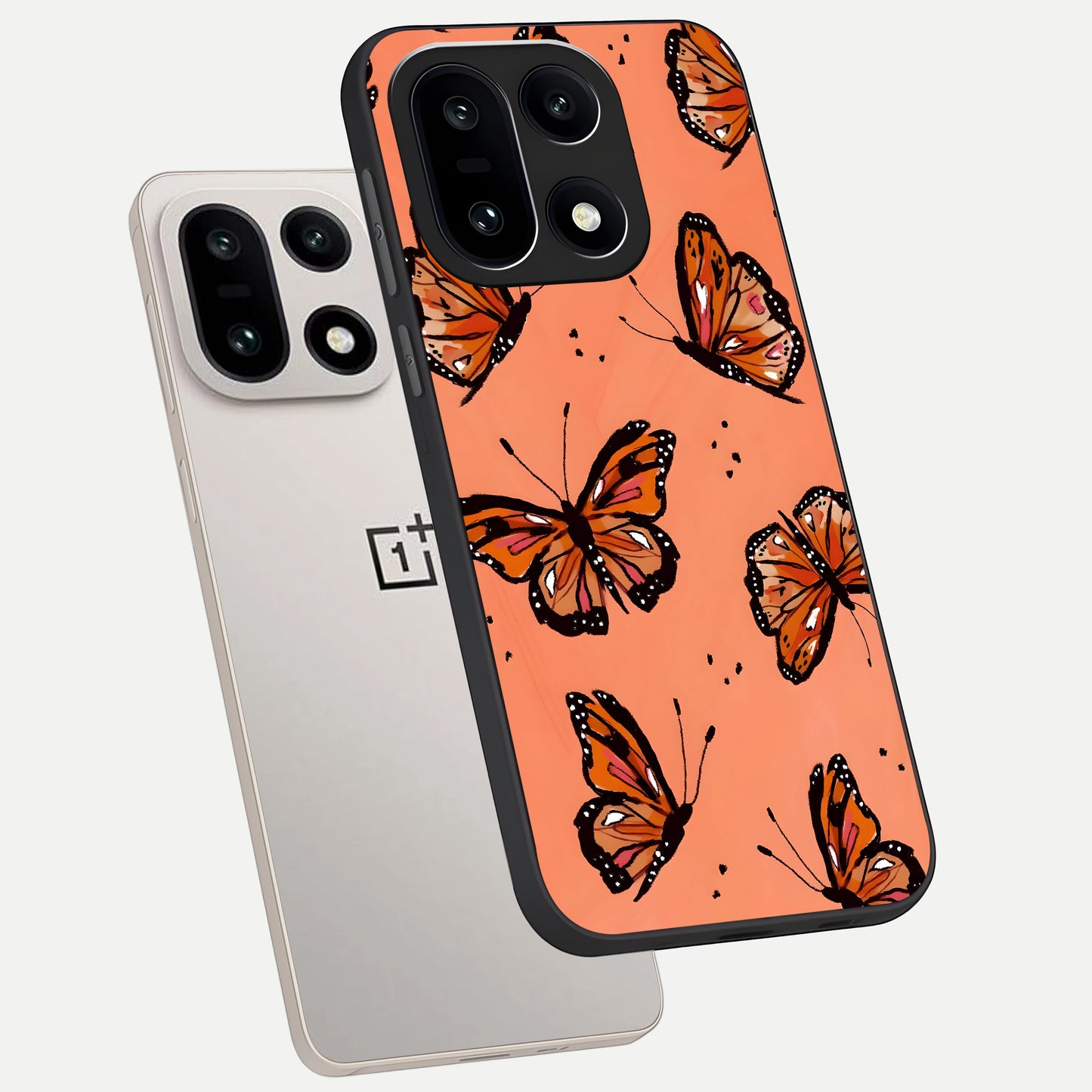  Coral Wing Butterfly phone case For Oneplus 15 showing premium glass back cover with detailed artwork