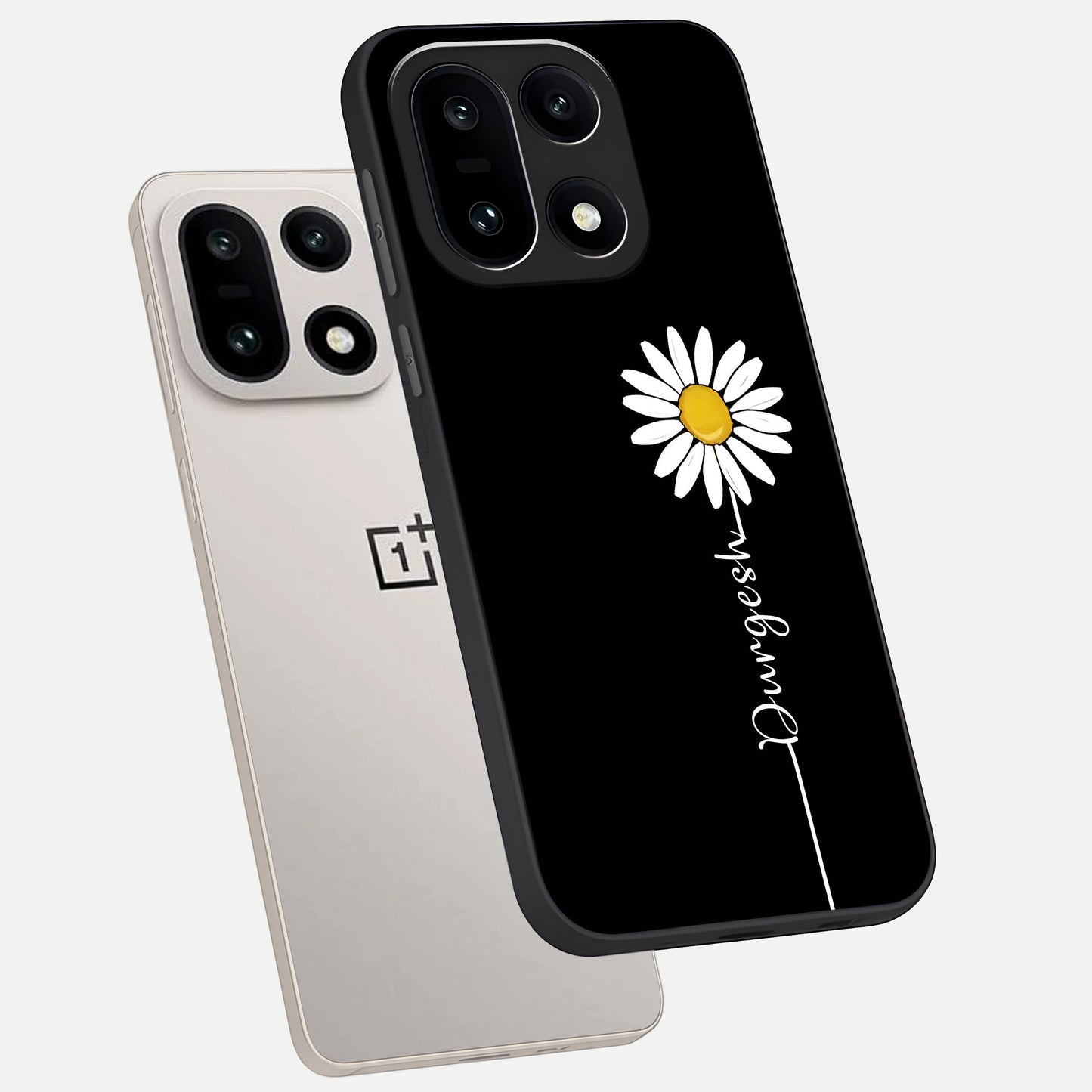  Custom Name White Flower phone case For Oneplus 15 showing premium glass back cover with detailed artwork