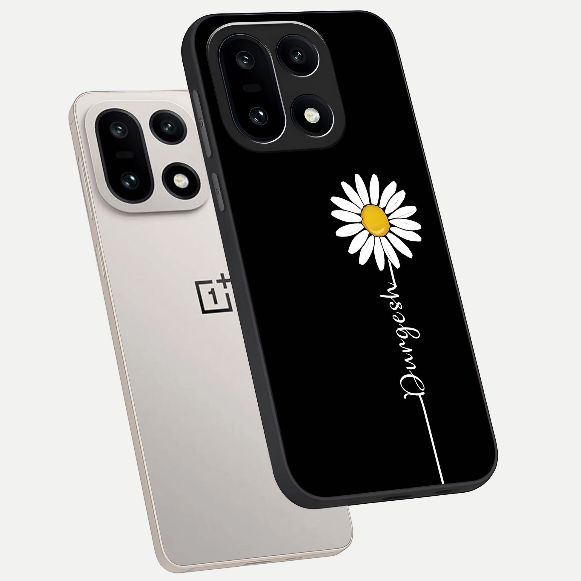  Custom Name White Flower phone case For Oneplus 15 showing premium glass back cover with detailed artwork
