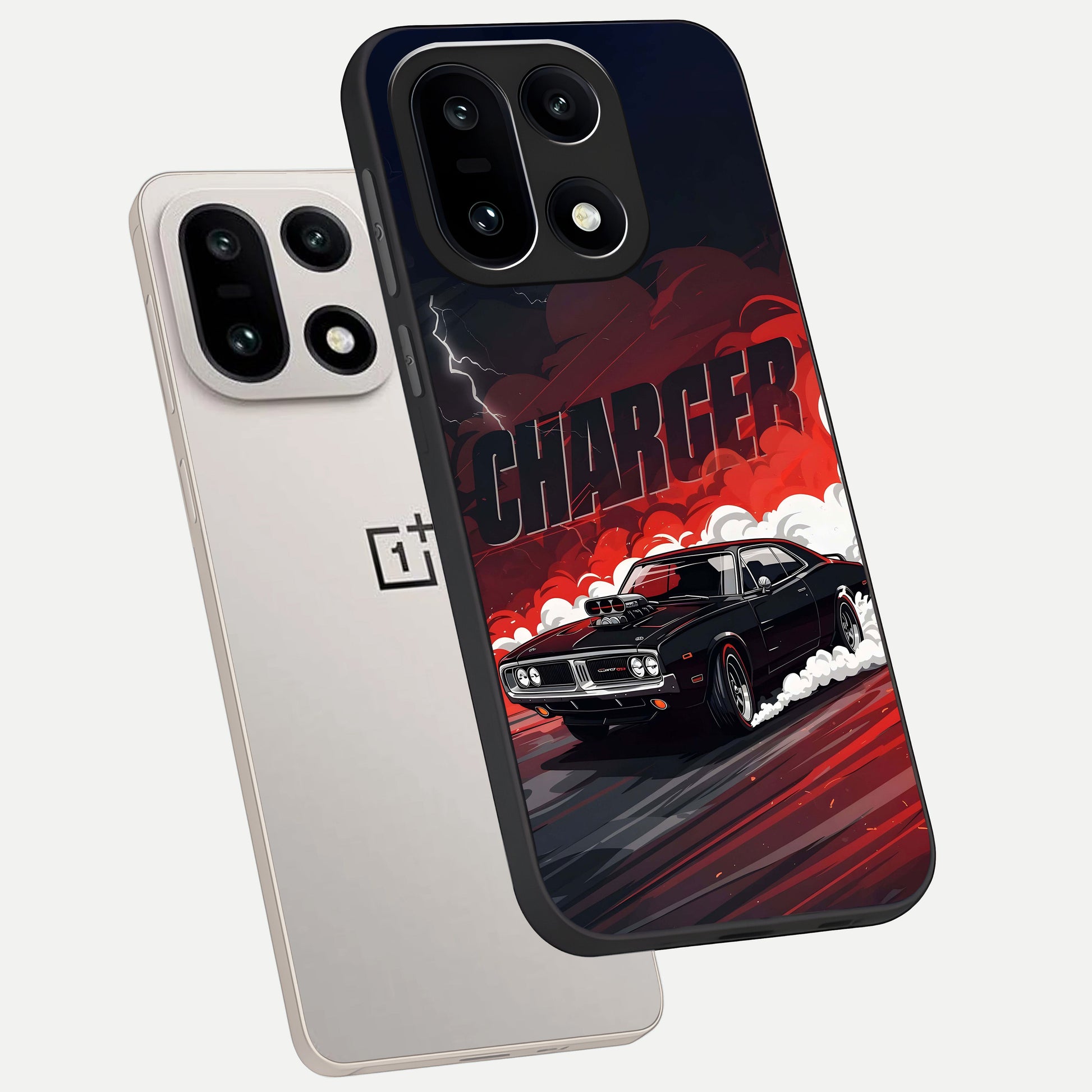  Dark Charger Fury phone case For Oneplus 15 showing premium glass back cover with detailed artwork