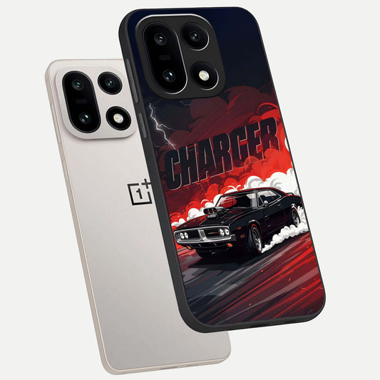  Dark Charger Fury phone case For Oneplus 15 showing premium glass back cover with detailed artwork