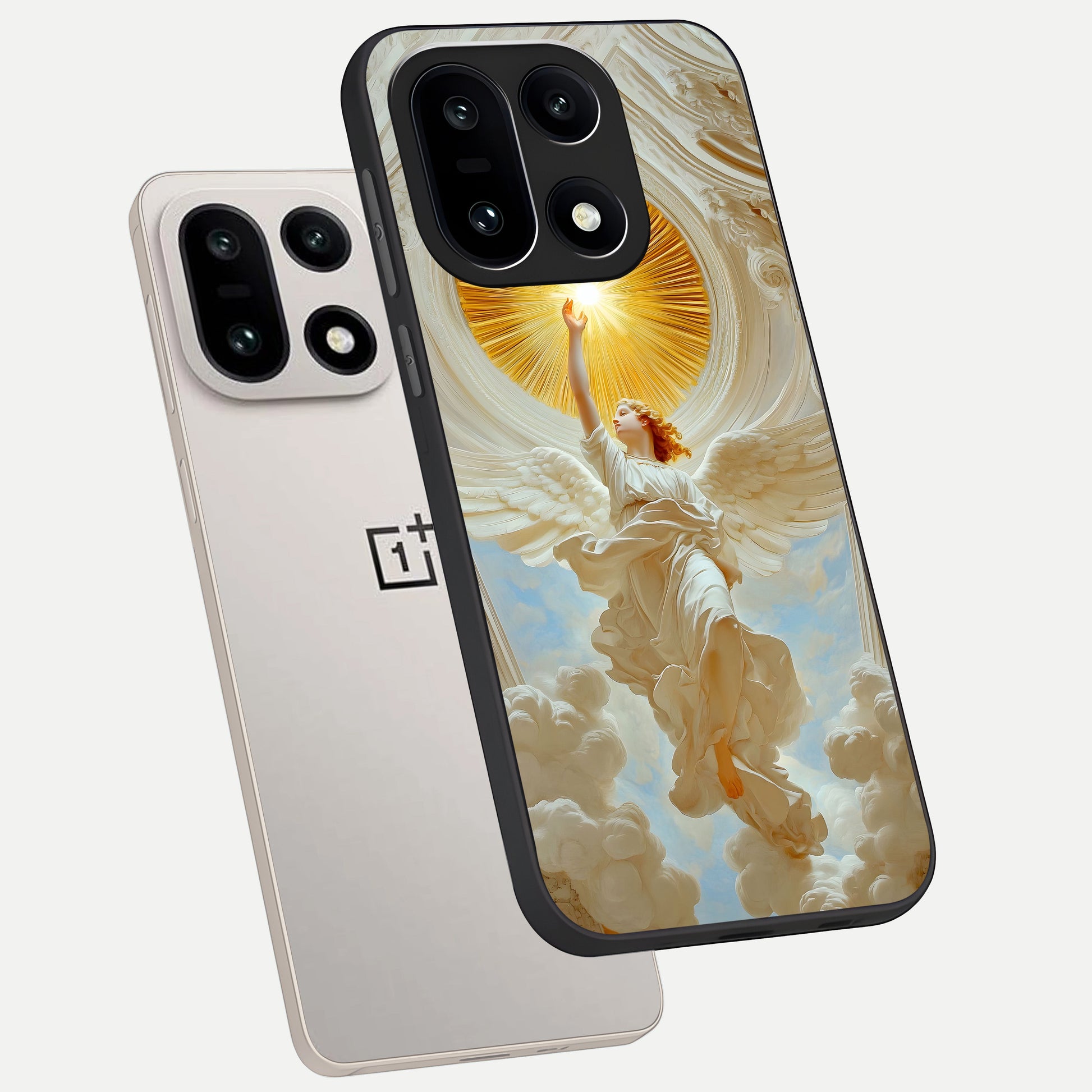  Divine Light Angel phone case For Oneplus 15 showing premium glass back cover with detailed artwork