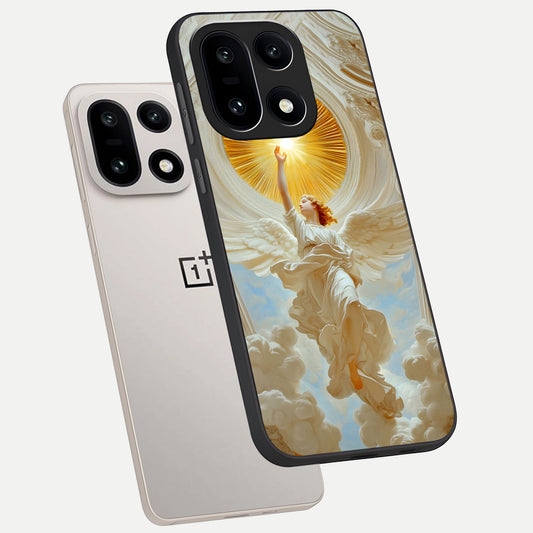  Divine Light Angel phone case For Oneplus 15 showing premium glass back cover with detailed artwork