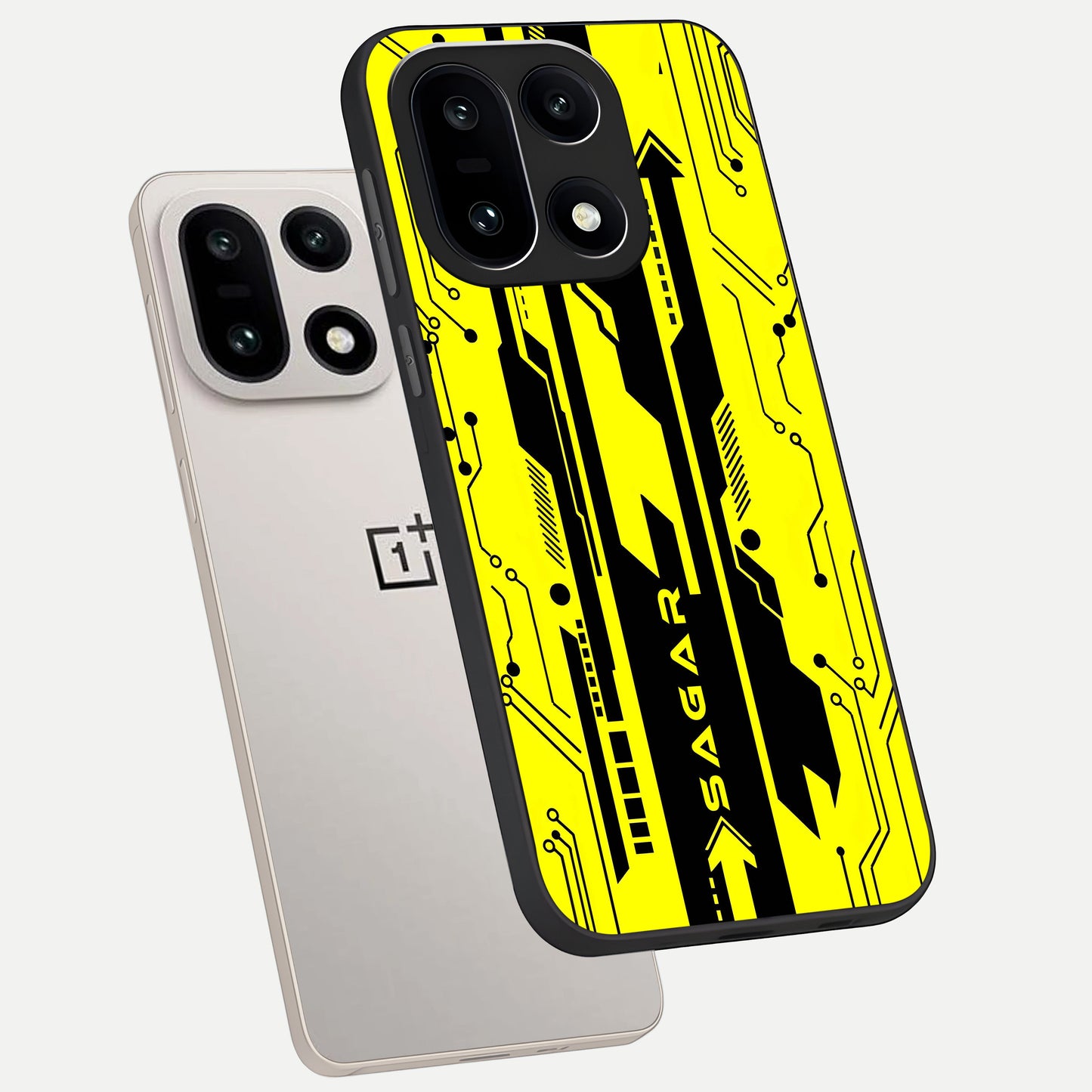  Electric Pulse CYBERPUNK Custom Name phone case For Oneplus 15 showing premium glass back cover with detailed artwork