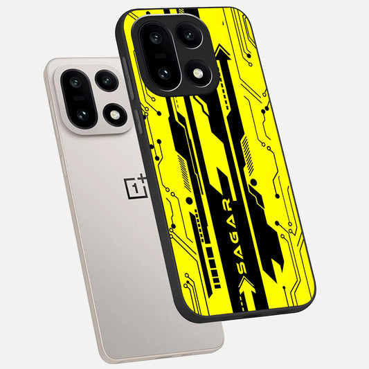  Electric Pulse CYBERPUNK Custom Name phone case For Oneplus 15 showing premium glass back cover with detailed artwork