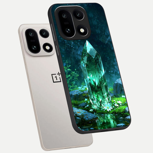  Emerald Light Crystal phone case For Oneplus 15 showing premium glass back cover with detailed artwork