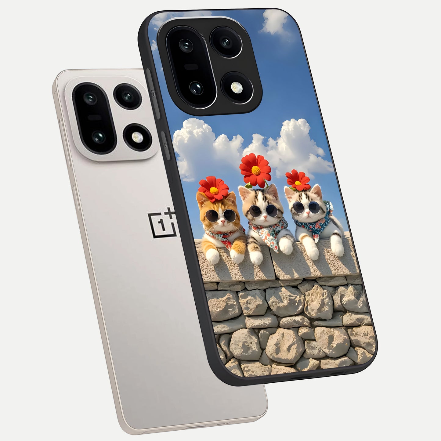  Floral Kitty Squad phone case For Oneplus 15 showing premium glass back cover with detailed artwork