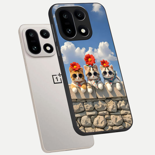  Floral Kitty Squad phone case For Oneplus 15 showing premium glass back cover with detailed artwork