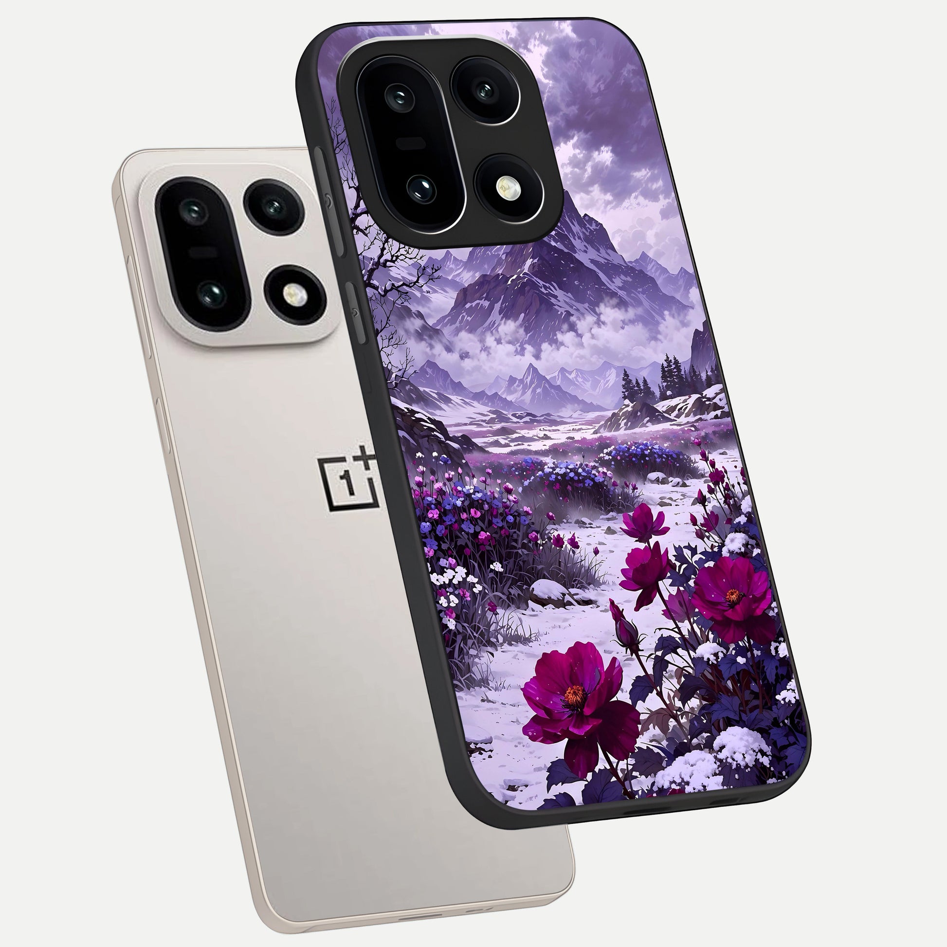  Flower Mountain View phone case For Oneplus 15 showing premium glass back cover with detailed artwork