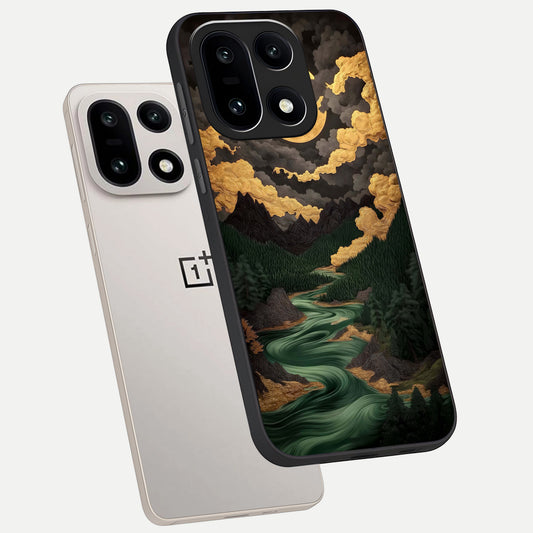  Golden River Moon phone case For Oneplus 15 showing premium glass back cover with detailed artwork