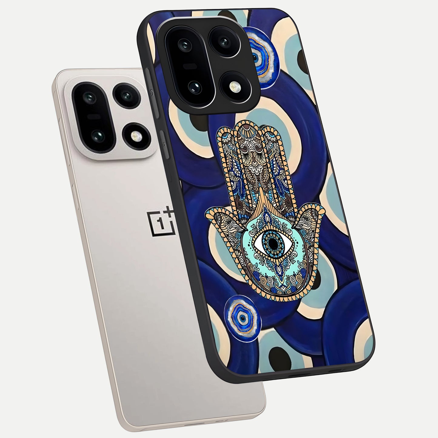  Hamsa Divine Guard phone case For Oneplus 15 showing premium glass back cover with detailed artwork