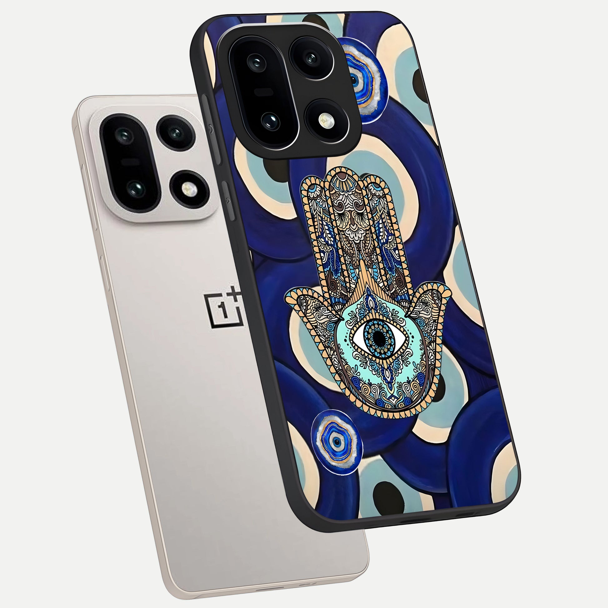 Hamsa Divine Guard phone case For Oneplus 15 showing premium glass back cover with detailed artwork