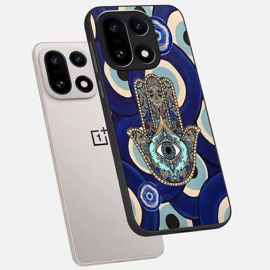  Hamsa Divine Guard phone case For Oneplus 15 showing premium glass back cover with detailed artwork