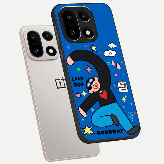  Happy Luck Vibe phone case For Oneplus 15 showing premium glass back cover with detailed artwork