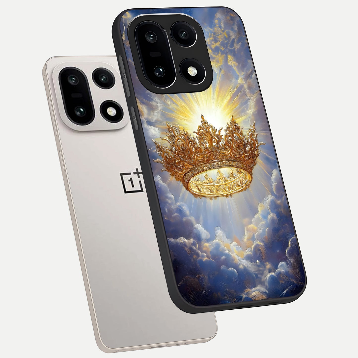  Heavenly Crown Light phone case For Oneplus 15 showing premium glass back cover with detailed artwork