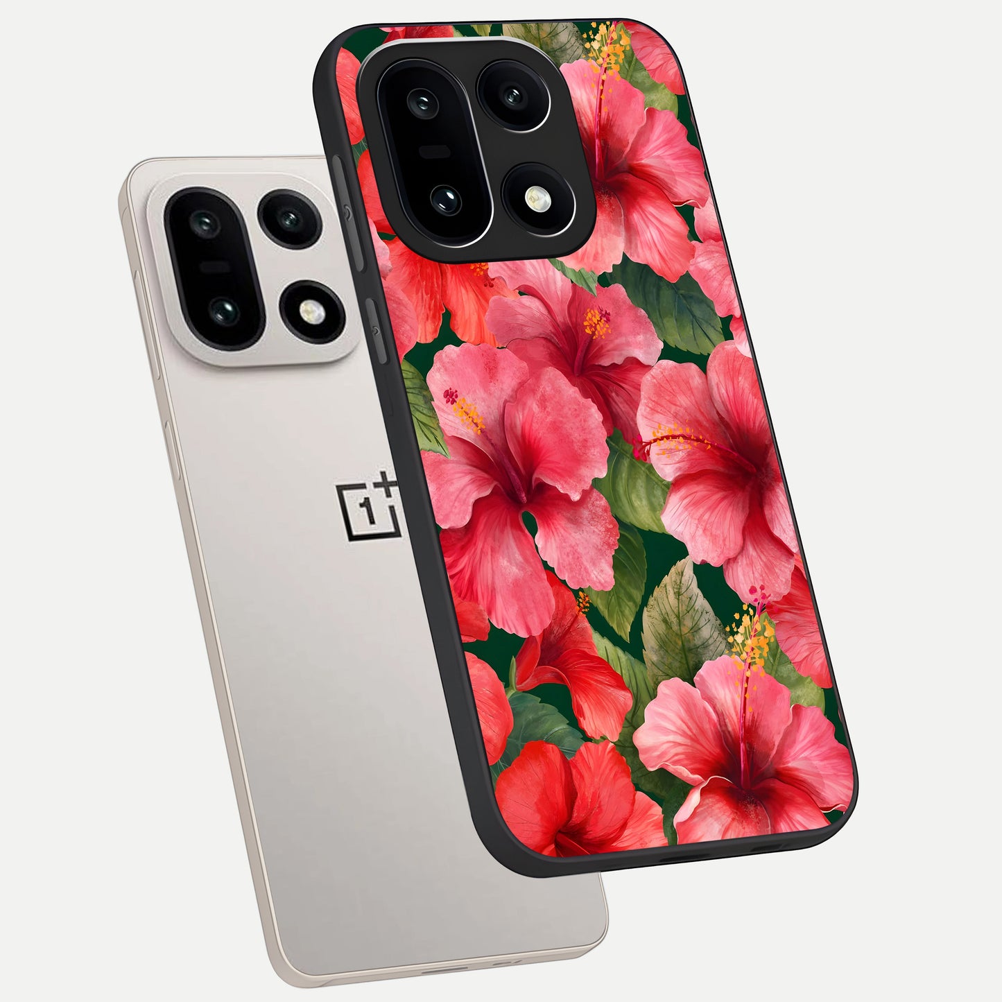  Hibiscus Pattern phone case For Oneplus 15 showing premium glass back cover with detailed artwork
