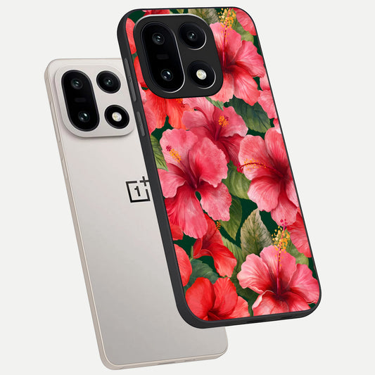  Hibiscus Pattern phone case For Oneplus 15 showing premium glass back cover with detailed artwork