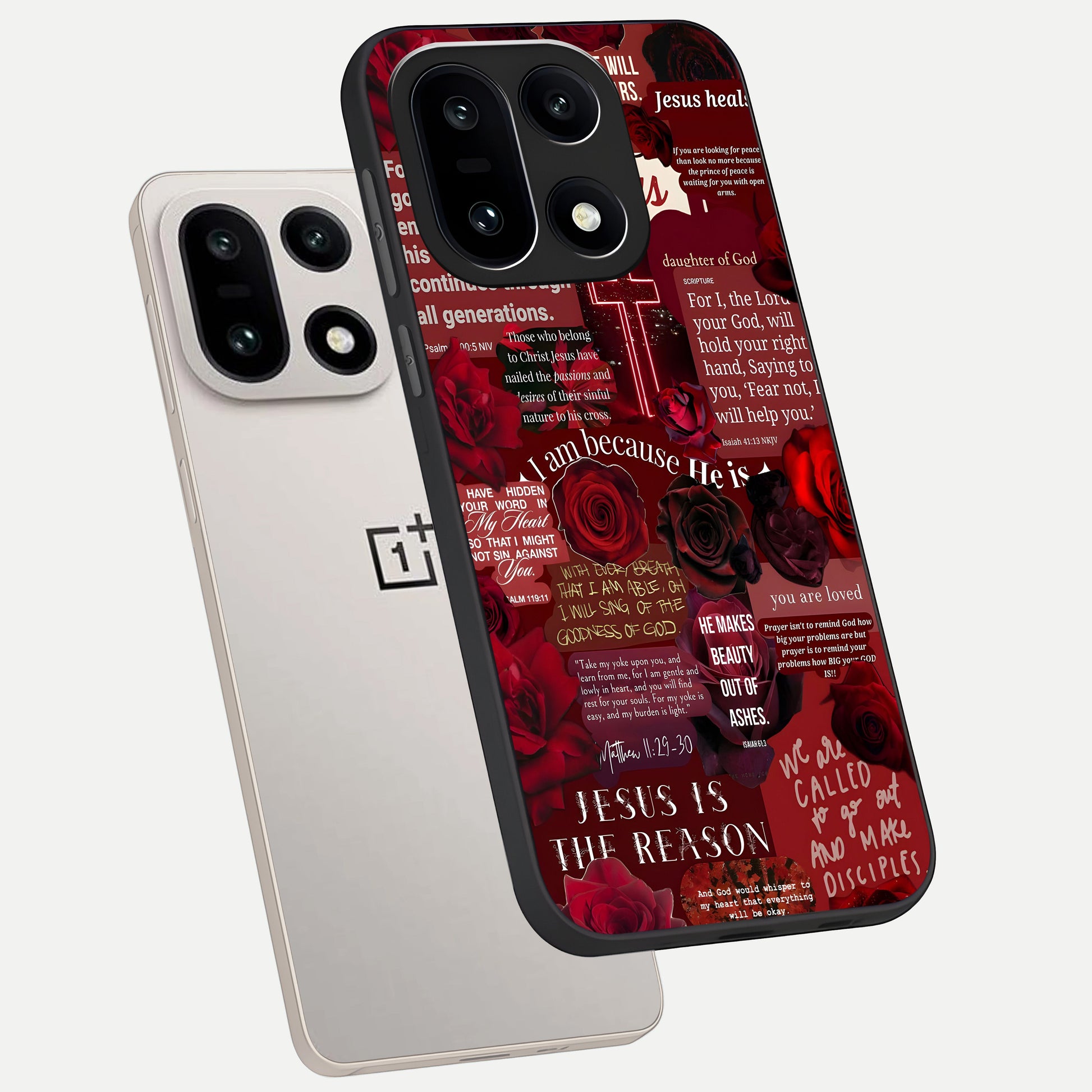  Jesus Love Heals phone case For Oneplus 15 showing premium glass back cover with detailed artwork