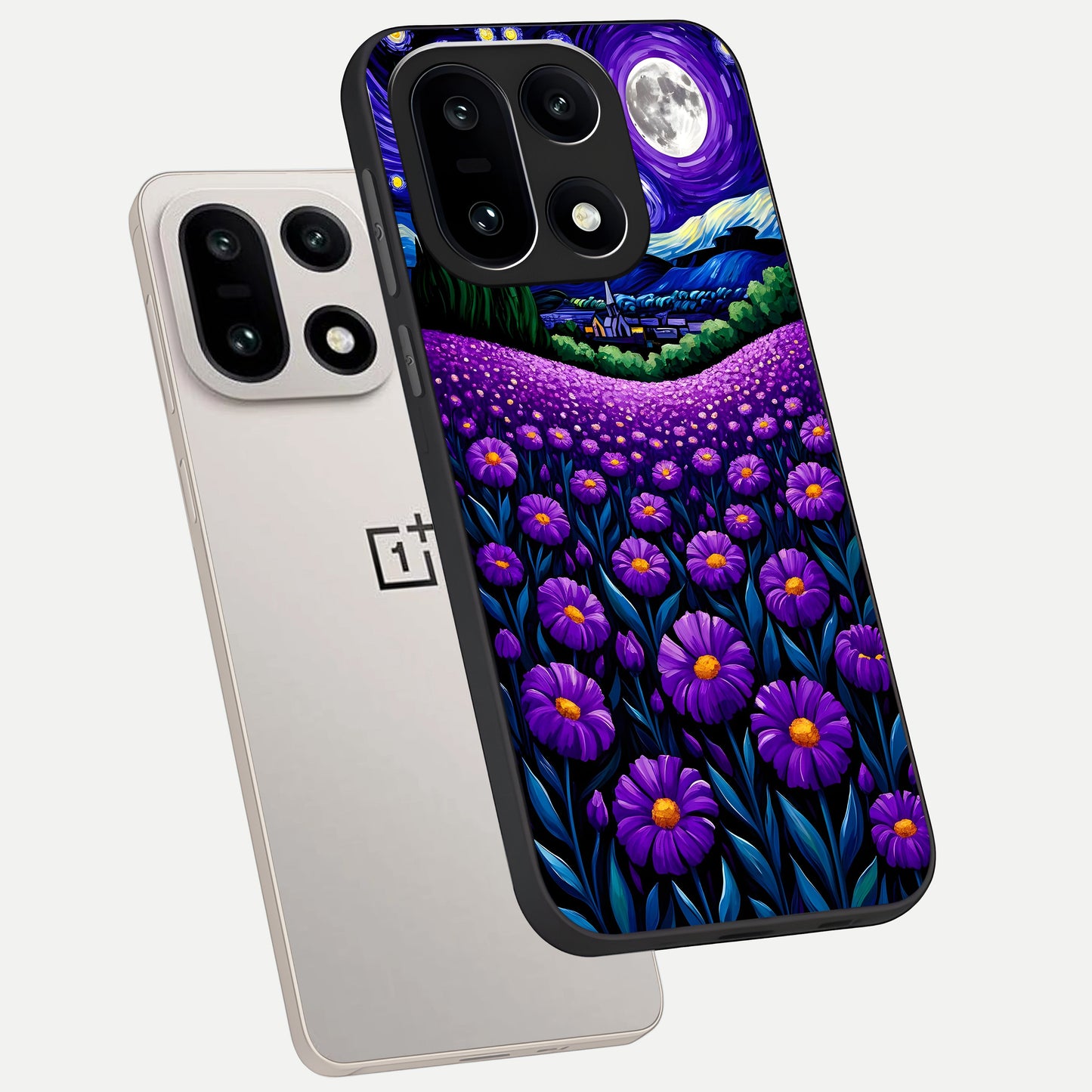  Lavender Moon Field phone case For Oneplus 15 showing premium glass back cover with detailed artwork