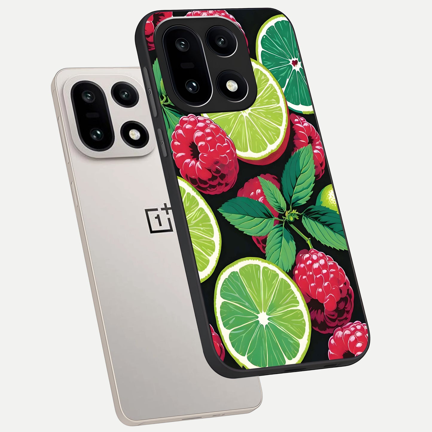  Lime and Raspberry Pattern phone case For Oneplus 15 showing premium glass back cover with detailed artwork
