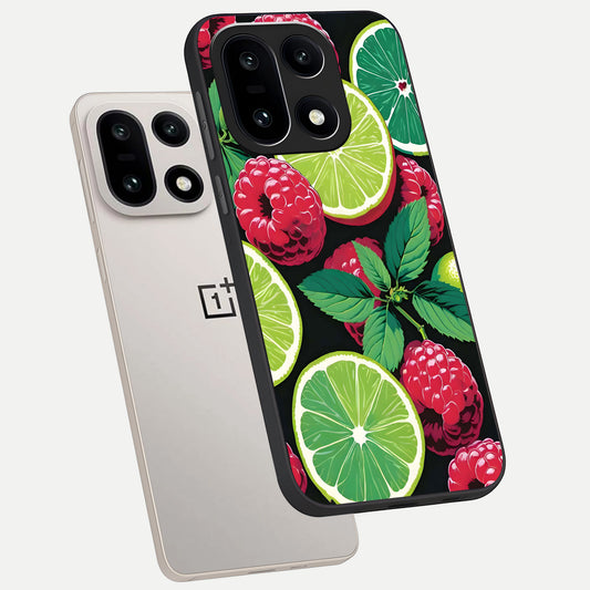  Lime and Raspberry Pattern phone case For Oneplus 15 showing premium glass back cover with detailed artwork