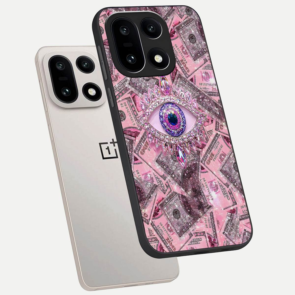  Money Eye Luxe phone case For Oneplus 15 showing premium glass back cover with detailed artwork