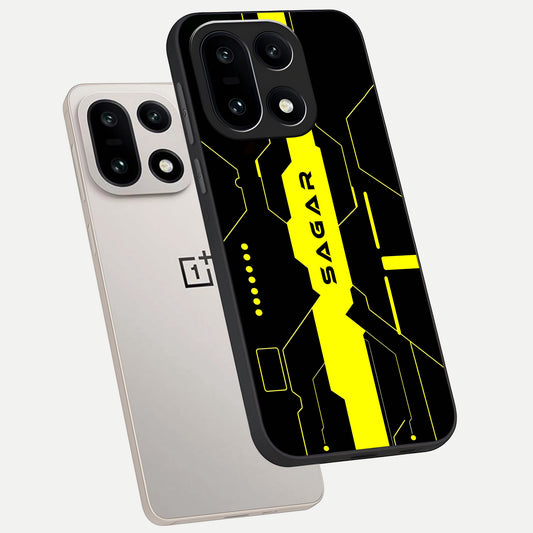  Neon CYBERPUNK Custom Name phone case For Oneplus 15 showing premium glass back cover with detailed artwork