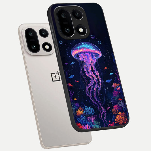  Neon Jellyfish phone case For Oneplus 15 showing premium glass back cover with detailed artwork